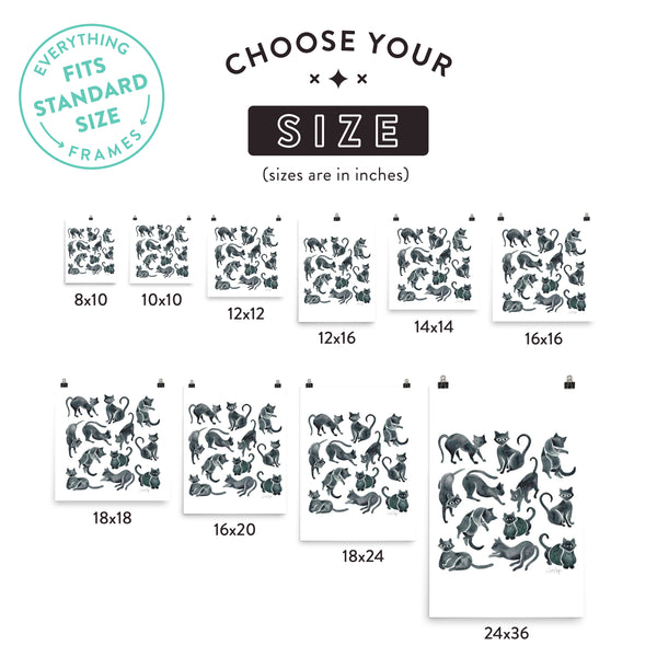 Cat Positions – Black Palette • Art Print