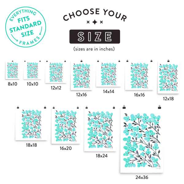 Cherry Blossoms – Turquoise & Grey Palette • Art Print