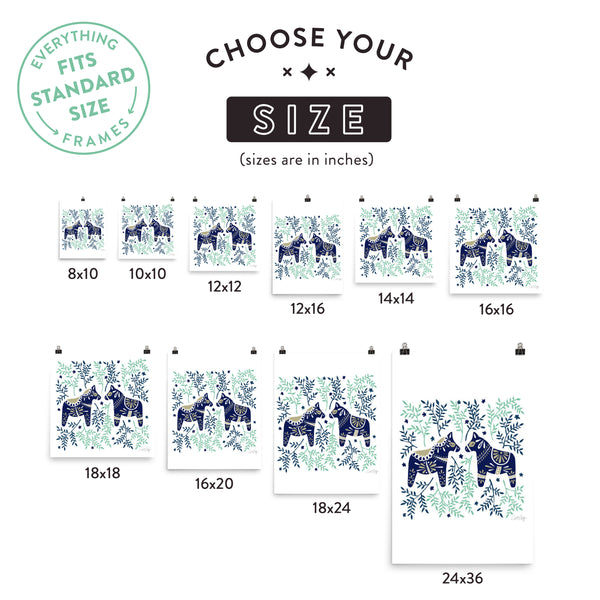 Swedish Dala Horses – Navy & Mint Palette • Art Print