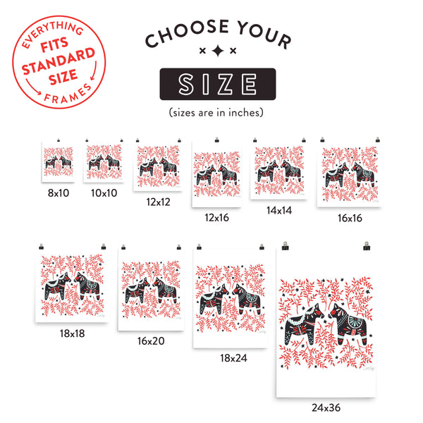 Swedish Dala Horses – Black & Red Palette • Art Print