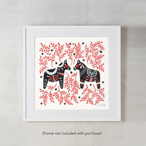 Swedish Dala Horses – Black & Red Palette • Art Print