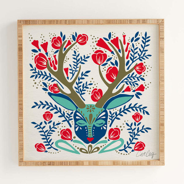Floral Antlers – Red & Navy Palette • Art Print