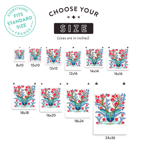Floral Antlers – Red & Navy Palette • Art Print