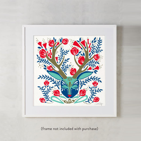 Floral Antlers – Red & Navy Palette • Art Print