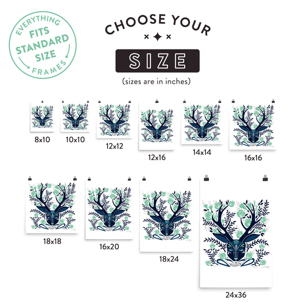 Floral Antlers – Navy & Mint Palette • Art Print
