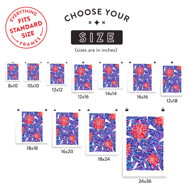 Water Lilies – Cherry & Indigo Palette  •  Art Print