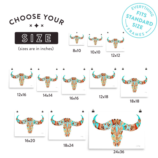 Water Buffalo Skull – Sepia & Turquoise Palette  •  Art Print