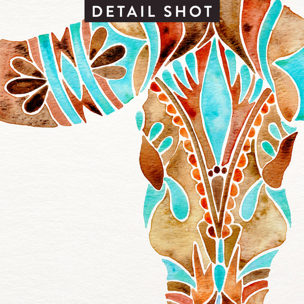 Water Buffalo Skull – Sepia & Turquoise Palette  •  Art Print