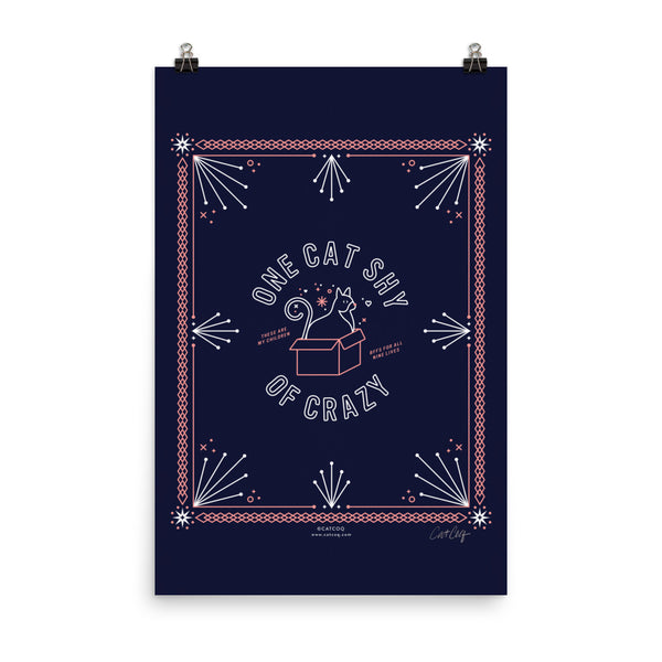 One Cat Shy of Crazy – Blush & Denim Palette • Art Print