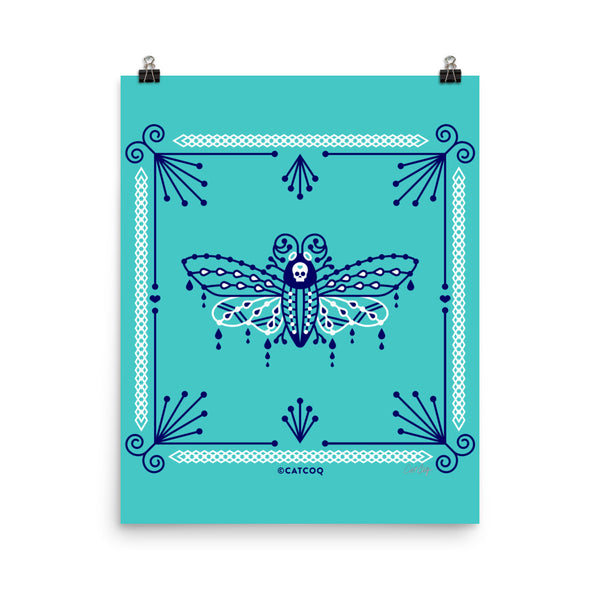 Death's Head Hawkmoth – Navy and White on Turquoise • Art Print