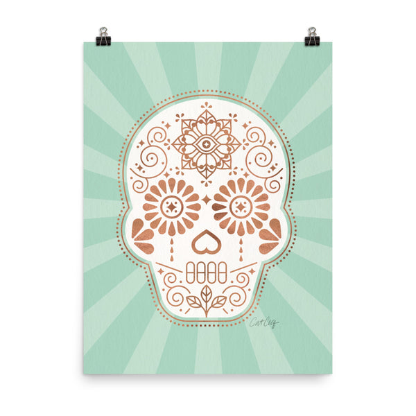 Día de Muertos • Mexican Sugar Skull – Mint & Rose Gold Palette • Art Print