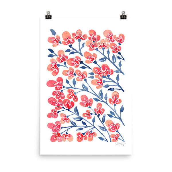 Cherry Blossoms – Melon & Navy Palette • Art Print