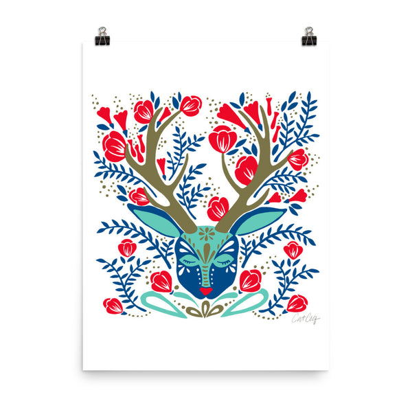 Floral Antlers – Red & Navy Palette • Art Print