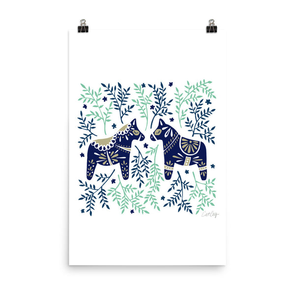 Swedish Dala Horses – Navy & Mint Palette • Art Print