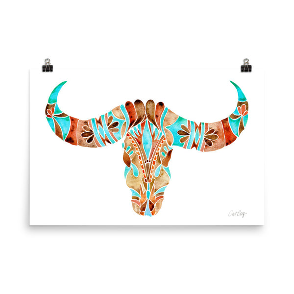 Water Buffalo Skull – Sepia & Turquoise Palette  •  Art Print