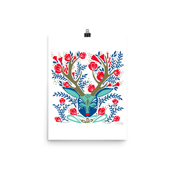 Floral Antlers – Red & Navy Palette • Art Print