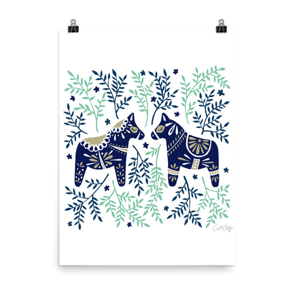 Swedish Dala Horses – Navy & Mint Palette • Art Print