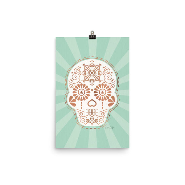 Día de Muertos • Mexican Sugar Skull – Mint & Rose Gold Palette • Art Print