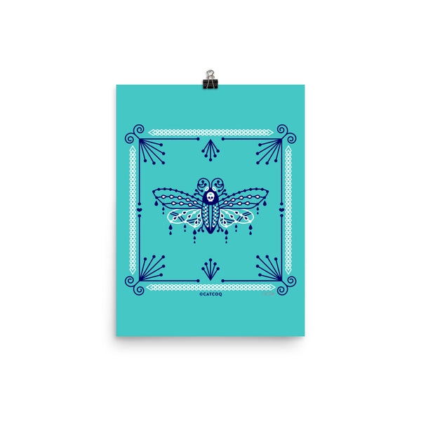 Death's Head Hawkmoth – Navy and White on Turquoise • Art Print