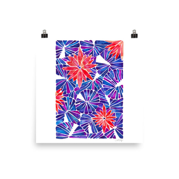 Water Lilies – Cherry & Indigo Palette  •  Art Print