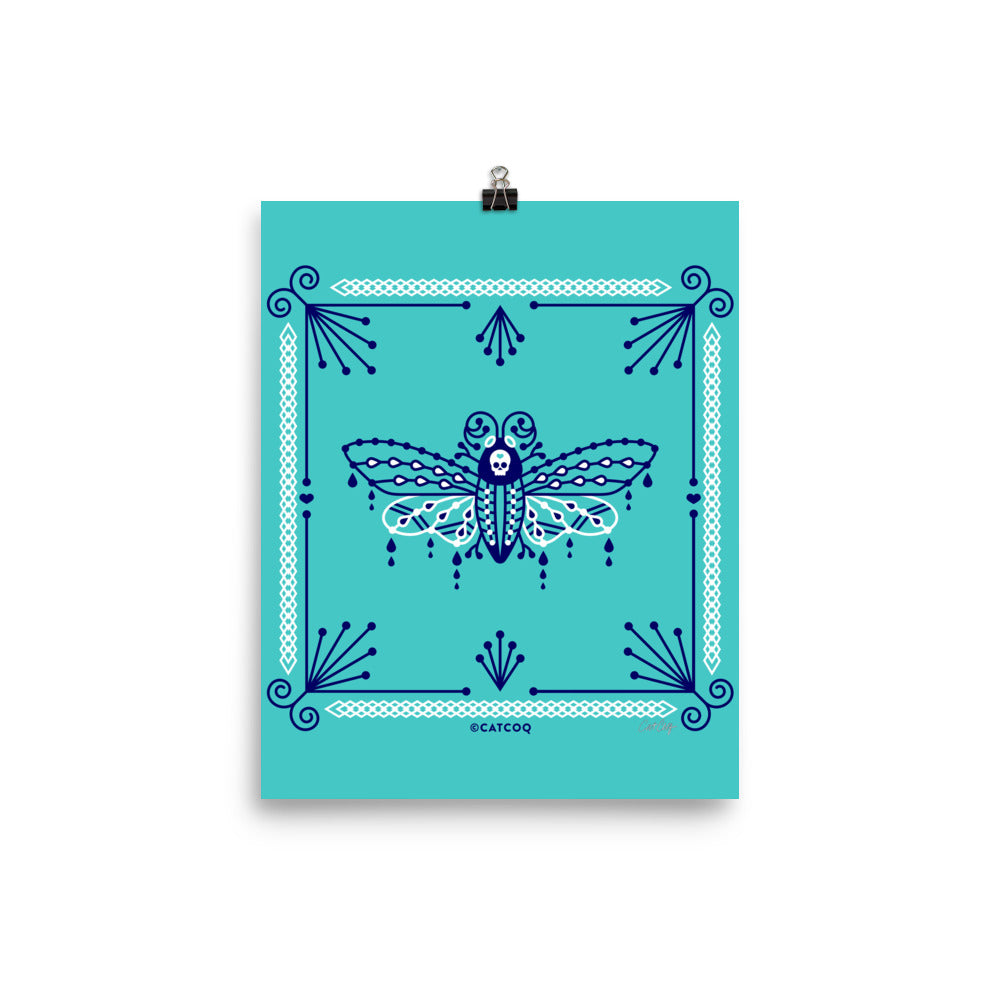 Death's Head Hawkmoth – Navy and White on Turquoise • Art Print