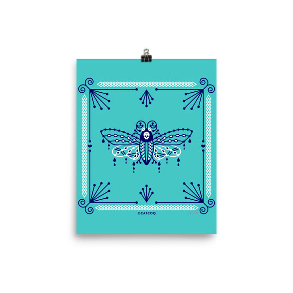 Death's Head Hawkmoth – Navy and White on Turquoise • Art Print