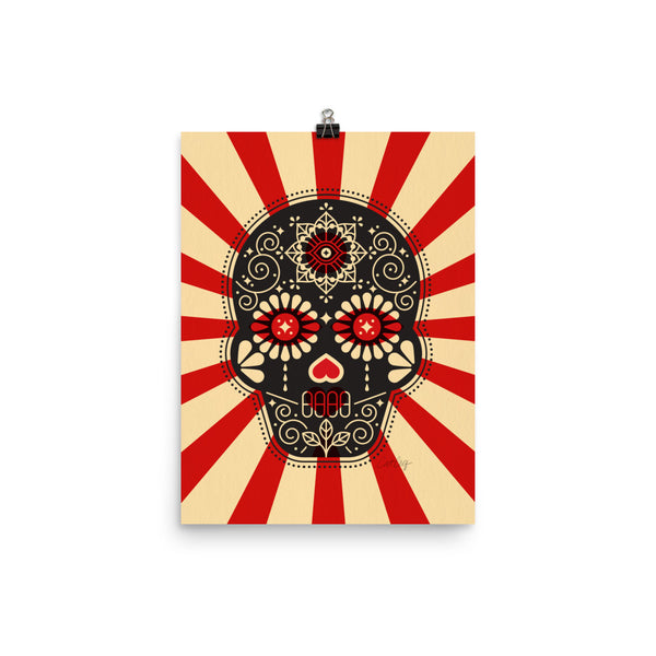 Día de Muertos – Mexican Sugar Skull – Crimson & Cream Starburst • Art Print