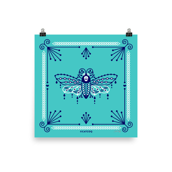 Death's Head Hawkmoth – Navy and White on Turquoise • Art Print