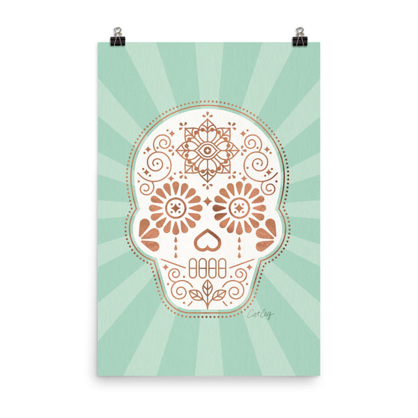 Día de Muertos • Mexican Sugar Skull – Mint & Rose Gold Palette • Art Print