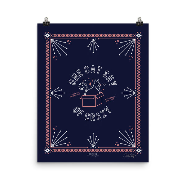 One Cat Shy of Crazy – Blush & Denim Palette • Art Print