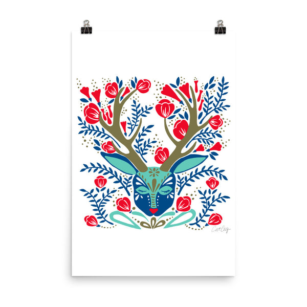 Floral Antlers – Red & Navy Palette • Art Print