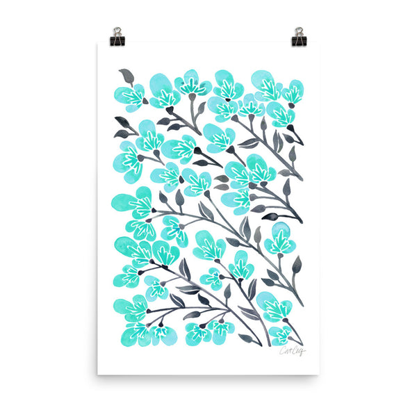 Cherry Blossoms – Turquoise & Grey Palette • Art Print