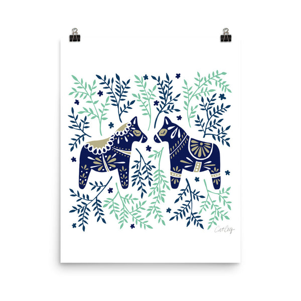 Swedish Dala Horses – Navy & Mint Palette • Art Print