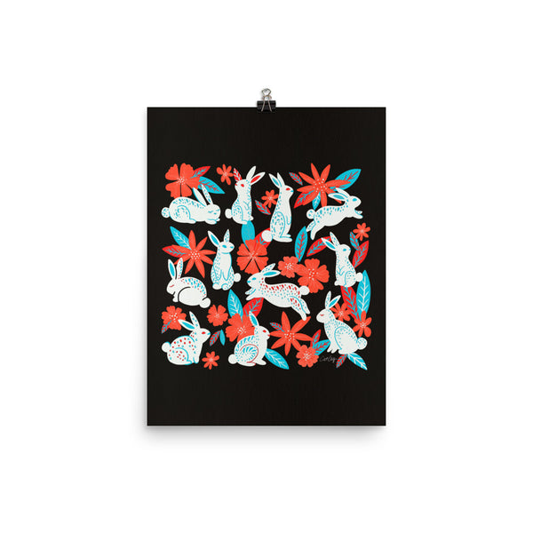 Bunnies and Blooms - Charcoal Magenta Cyan