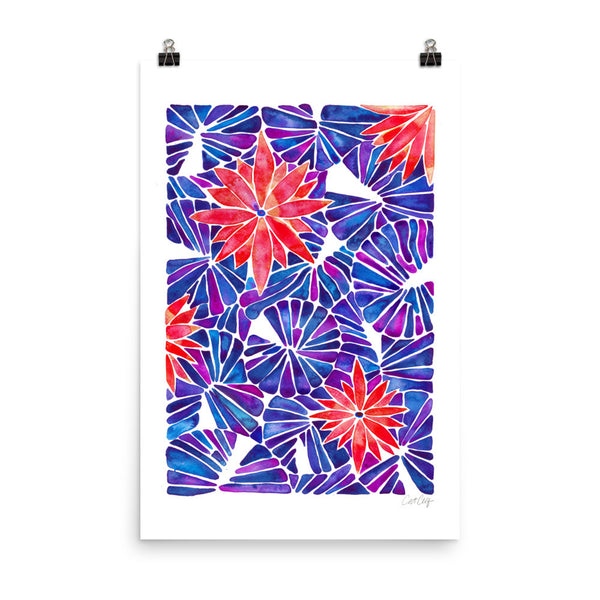 Water Lilies – Cherry & Indigo Palette  •  Art Print