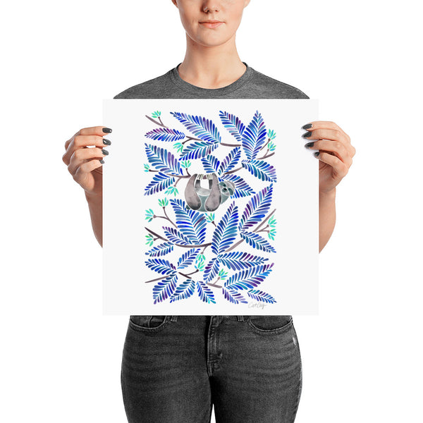 Happy Sloth – Tropical Blue Rainforest • Art Print