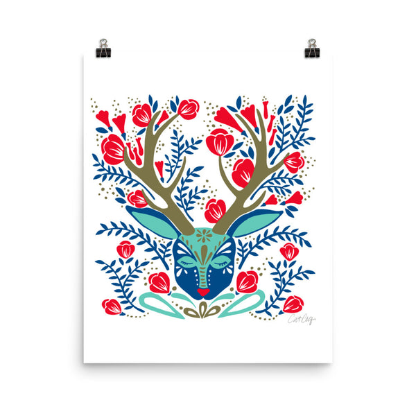 Floral Antlers – Red & Navy Palette • Art Print