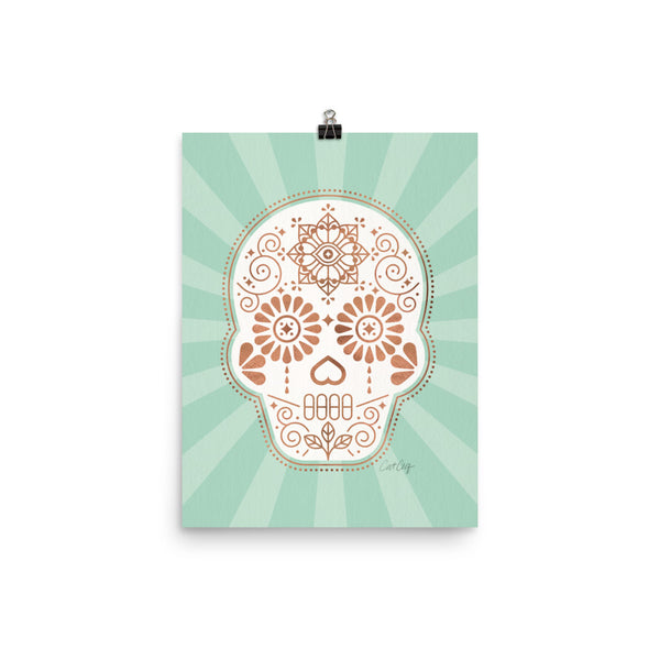 Día de Muertos • Mexican Sugar Skull – Mint & Rose Gold Palette • Art Print
