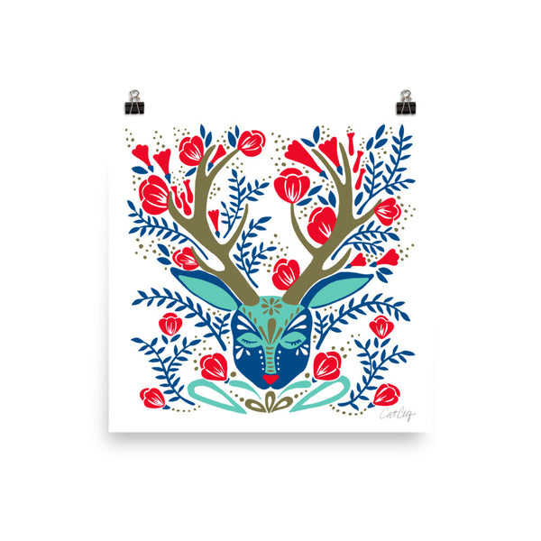 Floral Antlers – Red & Navy Palette • Art Print