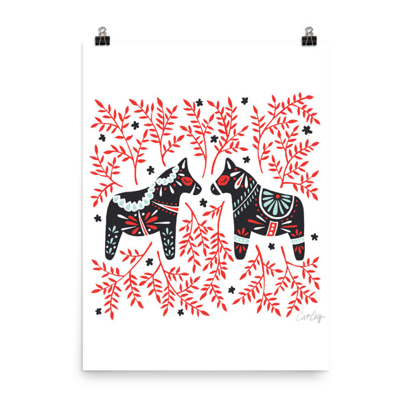 Swedish Dala Horses – Black & Red Palette • Art Print