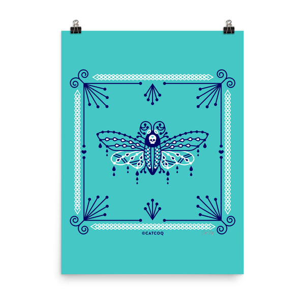 Death's Head Hawkmoth – Navy and White on Turquoise • Art Print