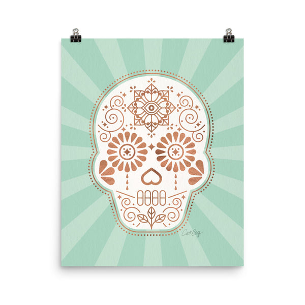 Día de Muertos • Mexican Sugar Skull – Mint & Rose Gold Palette • Art Print