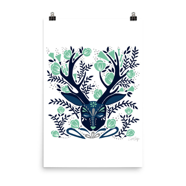 Floral Antlers – Navy & Mint Palette • Art Print