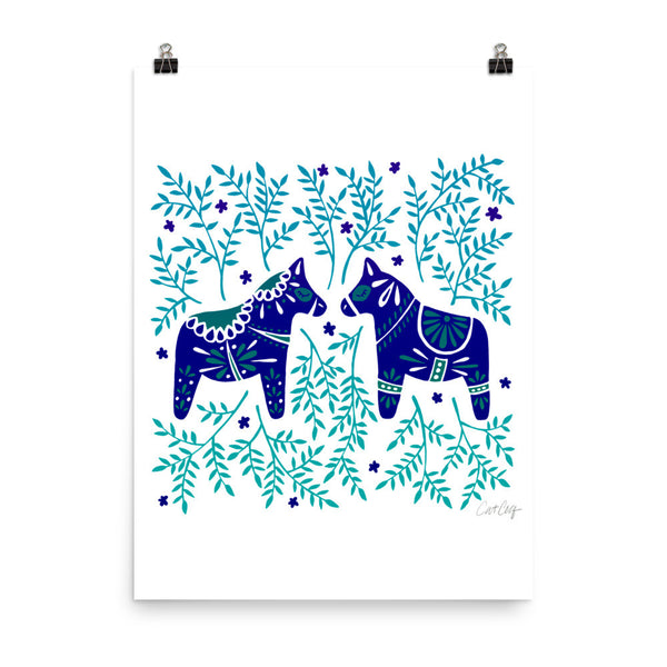 Swedish Dala Horses – Navy & Blue Palette • Art Print