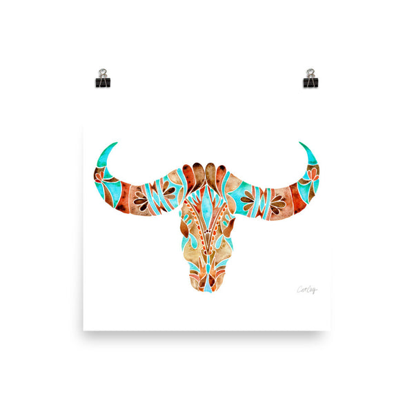 Water Buffalo Skull – Sepia & Turquoise Palette  •  Art Print