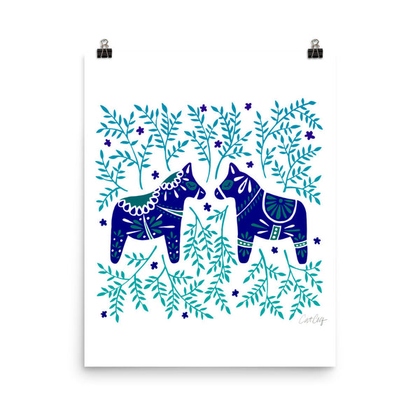 Swedish Dala Horses – Navy & Blue Palette • Art Print
