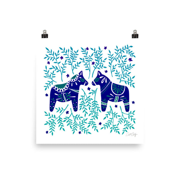 Swedish Dala Horses – Navy & Blue Palette • Art Print