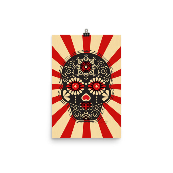 Día de Muertos – Mexican Sugar Skull – Crimson & Cream Starburst • Art Print