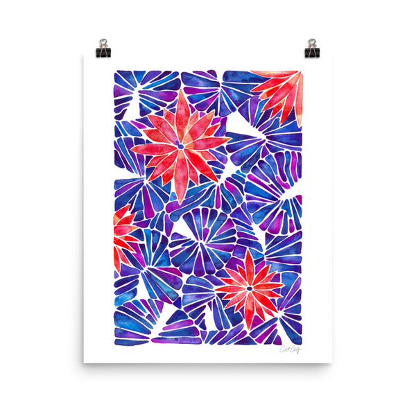 Water Lilies – Cherry & Indigo Palette  •  Art Print