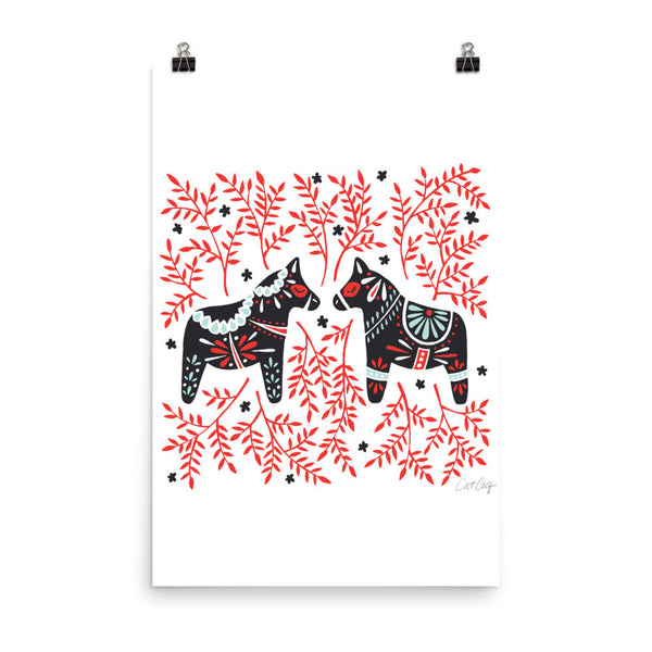 Swedish Dala Horses – Black & Red Palette • Art Print